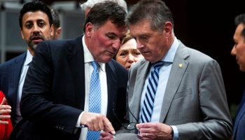 President of the King’s Privy Council for Canada and Minister responsible for Canada-U.S. Trade, Intergovernmental Affairs and One Canadian Economy Dominic Leblanc speaks with Rob Stewart, Deputy Minister, International Trade before the House of Commons Standing Committee on International Trade on  Oct. 2, 2025. The Hill Times photograph by Andrew Meade