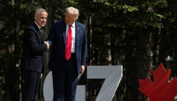 Prime Minister Mark Carney welcomes U.S. President Donald Trump to the G7 Leaders' Summit in Kananaskis, Alta., on June 16, 2025. Photograph courtesy of the Government of Canada