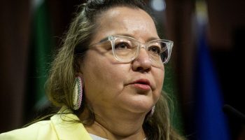 Assembly of First Nations National Chief Cindy Woodhouse Nepinakat speaks at a press conference in West Block on June 11, 2025. Hill Times photograph by Andrew Meade