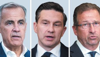 mashup Carney-Poilievre-Blanchet blue Prime Minister Mark Carney, Conservative Leader Pierre Poilievre, and Bloc Québécois Leader Yves-François Blanchet.