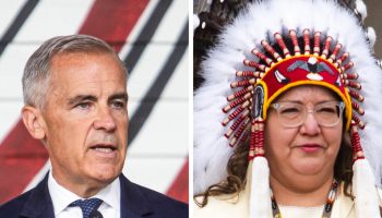 Mark Carney and Cindy Woodhouse Nepinak in Gatineau, Que. for theBill C-5 summit in Gatineau, Que. on July 17, 2025.