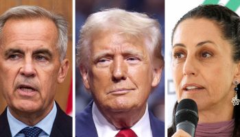 Mark Carney, Donald Trump, and Claudia Sheinbaum. The Hill Times photograph by Andrew Meade and photographs courtesy of Wikimedia Commons