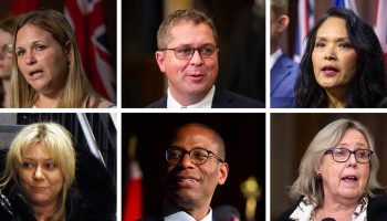 The late night debate over the temporary GST/HST holiday tax bill has resulted in allegations of intimidation, bullying, and drunkenness in the House. Clockwise (L-R): NDP MP Lindsay Mathyssen, Conservative House Leader Andrew Scheer, NDP MP Jenny Kwan, Green Party Leader Elizabeth May, House Speaker Greg Fergus, and CPC MP Tracy Gray. The Hill Times photographs by Andrew Meade and Sam Garcia