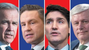 Prime Minister Mark Carney, left, Conservative Leader Pierre Poilievre, and former prime ministers Justin Trudeau and Stephen Harper. The Hill Times photographs by Andrew Meade