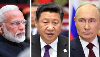 Indian Prime Minister Narendra Modi, left, Chinese President Xi Jinping, and Russian President Vladimir Putin. Photographs courtesy of Wikimedia Commons