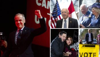 Prime Minister Mark Carney, left, U.S. ambassador to Canada Pete Hoekstra, King Charles III and Queen Camilla, Carney with wife Diana Fox Carney on election day, and Conservative Leader Pierre Poilievre and wife Anaida. The Hill Times photographs by Andrew Meade