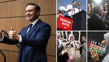 Conservative Leader Pierre Poilievre, from left clockwise, NDP interim leader Don Davies, Finance Minister François-Philippe Champagne, protesters at the Israeli embassy, and Assembly of First Nations National Chief Cindy Woodhouse Nepinak. The Hill Times photographs by Andrew Meade