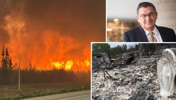 Wildfires in Manitoba, left, have prompted the province to declare a state of emergency, as have those in Saskatchewan, bottom right, where Secretary of State for Rural Development Buckley Belanger's home riding has faced 'devastation.'